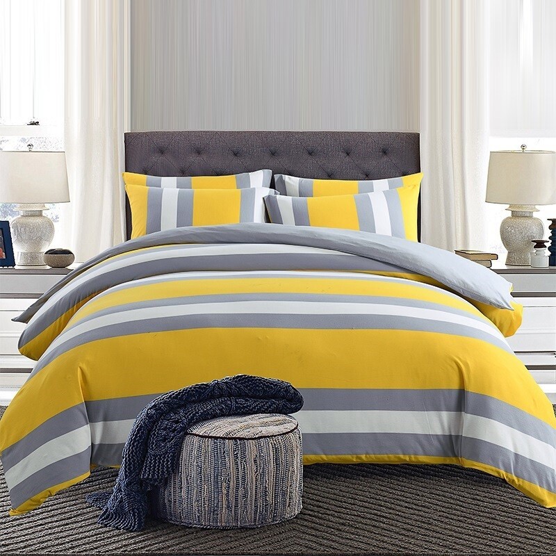 Yellow Gray and White Stripe Masculine Full, Queen Size Bedding Sets