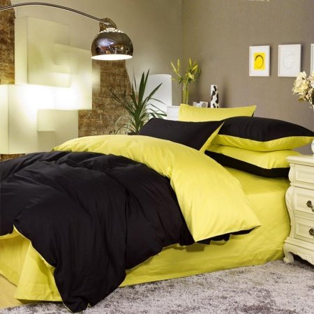 Luxury Black and Lemon Yellow Solid Pure Color Simply Shabby Chic Unique Adults Full, Queen Size Bedding Sets