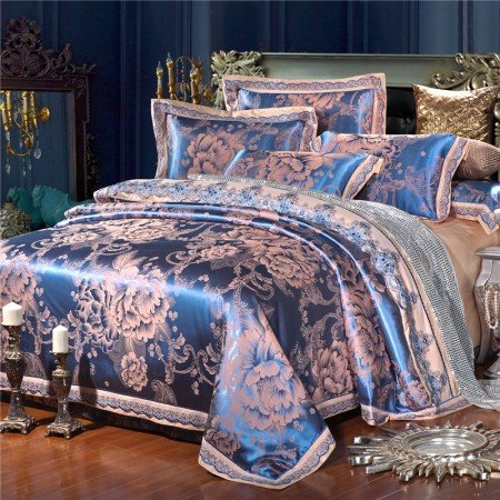 Royal Blue and Gold Royal Wedding Themed Vintage Floral 100% Cotton Satin Full, Queen Size Bedding Sets