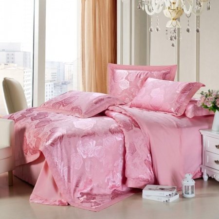 Solid Pink Pure Color Country Rose Print Girls Luxury Jacquard Design Damask Full, Queen Size Bedding Sets