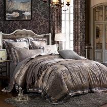 Silver and Grey Rococo Pattern Exotic Retro and Royal Style Western Themed Unique Jacquard Design Satin Full, Queen Size Bedding Sets