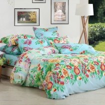 Light Blue Green and Red Bright Colorful Tropical Botany Rustic Pomegranate Tree and Flower 100% Cotton Full, Queen Size Bedding Sets