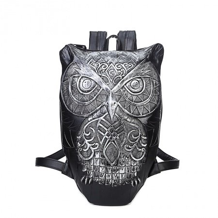 Personalized Hip-hop Style Retro Owl-shaped Preppy School Book Bag Black Silver Water-proof Embossed Faux Leather Travel Backpack
