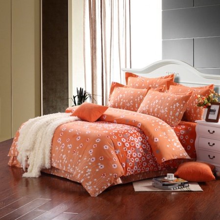Light Orange and White Cute Abstract Modern Country Flower Print Full, Queen Size Bedding Sets