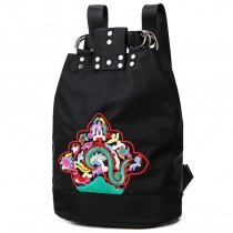 Bohemian Baroque Style Black Oxford Girls School Book Bag Vintage Embroidered Tribal Rivet Studded Bucket-shaped Drawstring Backpack