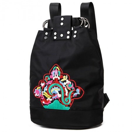 Bohemian Baroque Style Black Oxford Girls School Book Bag Vintage Embroidered Tribal Rivet Studded Bucket-shaped Drawstring Backpack