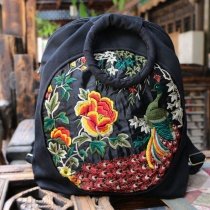 Bohemian Black Canvas Women Casual Travel 14 Inch Laptop Backpack Vintage Embroidered Folklore Floral and Peacock School Book Bag