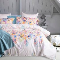 Ivory Blue and Pale Pink Peacock Feather Print Romantic High Fashion 100% Egyptian Cotton Full, Queen Size Bedding Sets