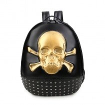 Black Leather Embossed Metallic Gold Skull Crossbones Travel Backpack Punk Rock and Roll Style Rivet Studded Masculine School Book Bag