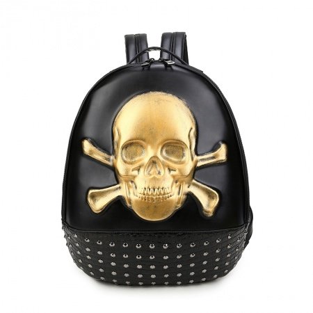 Black Leather Embossed Metallic Gold Skull Crossbones Travel Backpack Punk Rock and Roll Style Rivet Studded Masculine School Book Bag