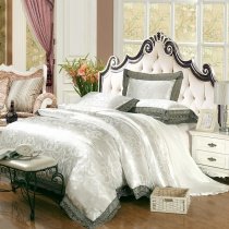 Luxury Ivory White and Grey Rococo Pattern Fashion Wedding Themed Romantic Sequin Jacquard Satin Fabric Full, Queen Size Bedding Sets