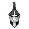 Vintage Black Leather Engraved Metallic Silver Dragon Boys Crossbody Shoulder Chest Bag Rock and Roll Sword-shaped Travel Sling Backpack