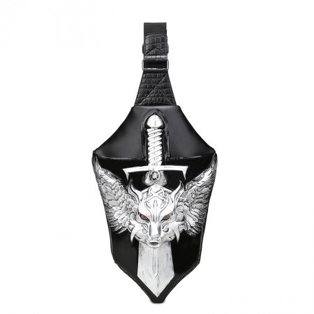 Vintage Black Leather Engraved Metallic Silver Dragon Boys Crossbody Shoulder Chest Bag Rock and Roll Sword-shaped Travel Sling Backpack