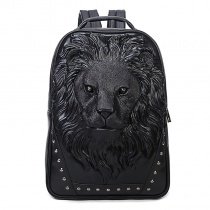 Punk Rock and Roll Black Patent Leather Engraved Lion Head Boys School Campus Book Bag Personalized Rivet Studded Large Travel Backpack