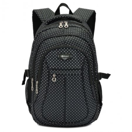 Waterproof Black and White Lightweight Nylon Girls Preppy School Backpack Stylish Polka Dot Print Zipper Pupil Campus Book Bag