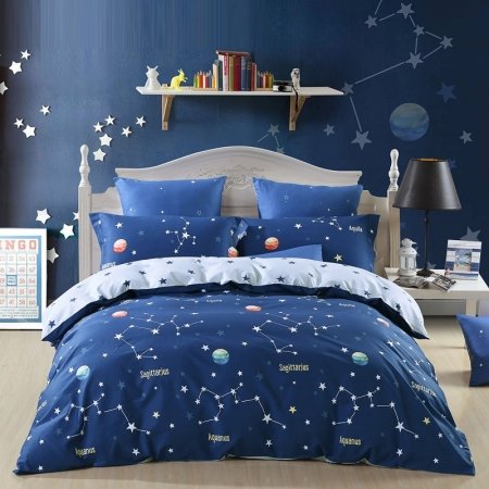 Navy Blue and White Galaxy Print Astronomy Scene Trendy 100% Cotton Twin, Full, Queen Size Bedding Sets for Kids, Boys