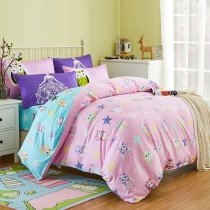 Aqua Pink Blue and Red Retro Owl and Star Print Cartoon Animal Themed Full, Queen Size Bedding Sets for Teen Girls