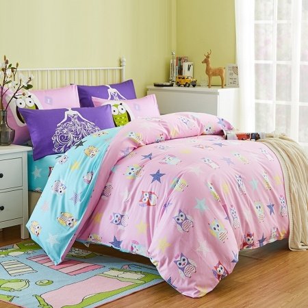 Aqua Pink Blue and Red Retro Owl and Star Print Cartoon Animal Themed Full, Queen Size Bedding Sets for Teen Girls