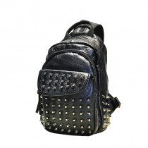 Vintage Black Distressed Waxed Leather Men Small Crossbody Shoulder Chest Bag Personalized Spikes Rivet Studded Sling Travel Backpack