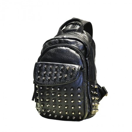 Vintage Black Distressed Waxed Leather Men Small Crossbody Shoulder Chest Bag Personalized Spikes Rivet Studded Sling Travel Backpack
