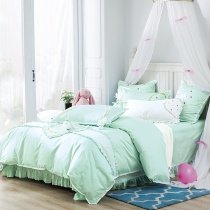 Sophisticated Elegant Mint Green Applique Embroidered Floral Shabby Chic Ruffle Romantic Feminine Full, Queen Size Bedding Sets