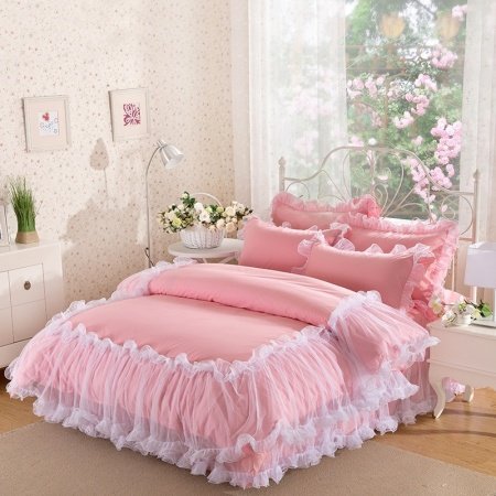 Noble Excellence Coral Pink and White Pom Pom Style Victorian Lace Ruffle Girls Twin, Full, Queen Size Bedding Sets