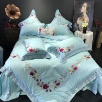 Luxurious Villa Tiffany Blue Embroidered Floral French Country Chic Satin Full, Queen Size Bedding Sets