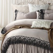 Sophisticated Khaki and Black Victorian Lace Design Vintage Shabby Chic Luxury Jacquard Satin Full, Queen Size Bedding Sets