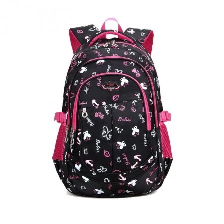 Black White and Hot Pink Polyester Girls Pupil School Book Bag Butterfly Anchor Monogrammed Leaf Print Campus Backpack