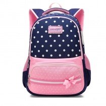 Dark Blue White and Pink Polyester Bow Girls Pupil School Book Bag Elegant Polka Dot Print Preppy Campus Backpack