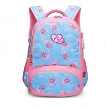 Aqua Blue and Pink Polyester Girls Pupil School Book Bag Elegant Polka Dot Heart Bow Print Preppy Campus Backpack