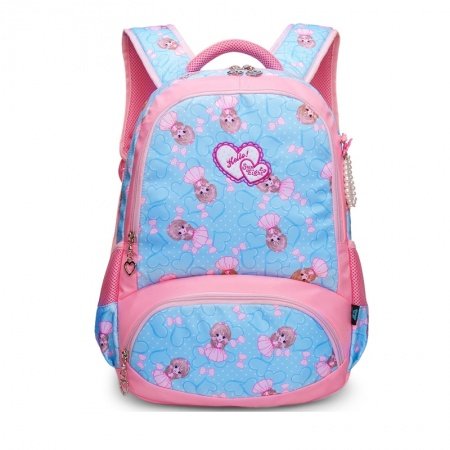 Aqua Blue and Pink Polyester Girls Pupil School Book Bag Elegant Polka Dot Heart Bow Print Preppy Campus Backpack