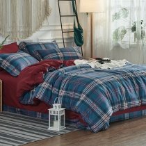 Blue and Burgundy Red Tartan Plaid Print Masculine Simply Shabby Chic Soft Full, Queen Size Bedding Sets for Adult