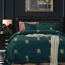 Dark Teal and Gold Peacock Feather and Vertical Stripe Print Unique Animal Themed Full, Queen Size Bedding Sets