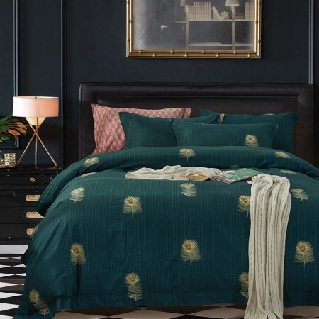Dark Teal and Gold Peacock Feather and Vertical Stripe Print Unique Animal Themed Full, Queen Size Bedding Sets