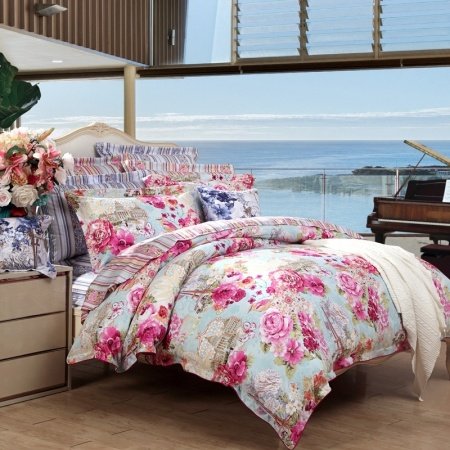Light Blue Pink and Green French Paris Chic Flower and Eiffel Tower Print Full, Queen Size Bedding Sets