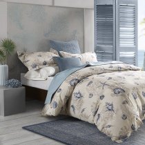 Beige Gray and Blue Ocean Themed Seashell and Coral Print Modern Chic Full, Queen Size Bedding Sets