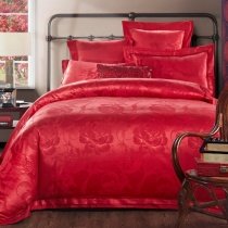 Red Beautiful Floral Print Glam Style Girly Jacquard Satin Full, Queen Size Bedding Sets