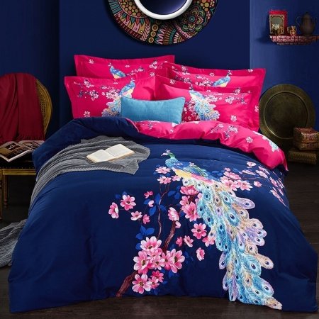 Peach Blossom and Peacock Print Elegant Soft Full, Queen Size Bedding Sets