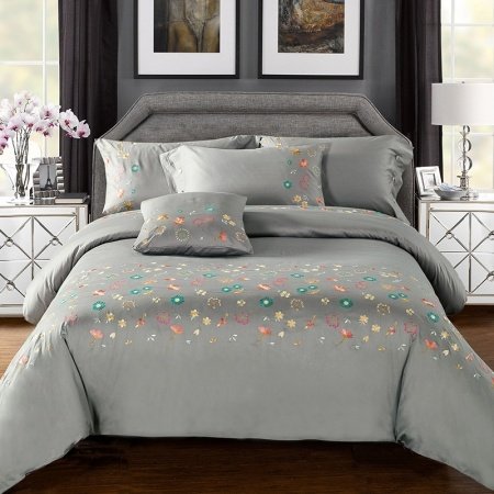 Gray Wildflower Old World Embroidered Soft Full, Queen Size Bedding Sets