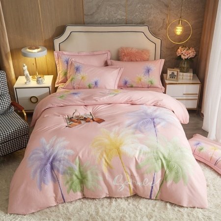 Pastel Pint Green Purple and Yellow Palm Tree Pattern Tropical Hawaiian Coastal Style Full, Queen Size Bedding Sets