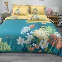 Teal Green and White Monstera and Flower Bright Colorful Tropical Country Chic Full, Queen Size Bedding Sets