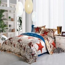 Royal Blue Brown and White Ocean Life Starfish and Sea Shell Print Coastal Living Full Size Kids Bedding Sets