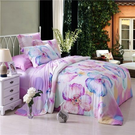 Purple White and Blue Abstract Chic Flower Print 100% Modal Tencel Full, Queen Size Bedding Duvet Cover Sets