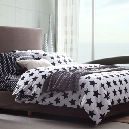 Black and White Abstract Star Print Full, Queen Size Durable 100% Cotton Bedding Sets