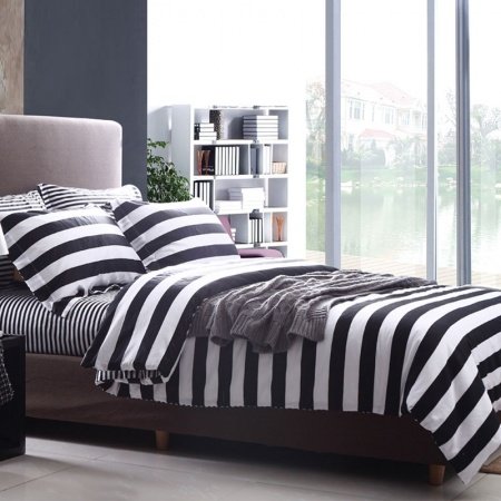 Black and White Abstract Design Stripe Print Full, Queen Size Durable 100% Cotton Bedding Sets