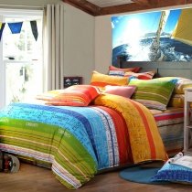 Sky Blue Green and Yellow Red Multi-Stripe Print and Monogrammed Design Bright Colorful Full Size Bedding Sets