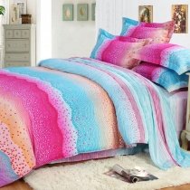 Neon Color Aqua and Hot Pink Colorful Bending Stripe Print Polka Dot Design Elegant Girls 100% Cotton Damask Full, Queen Size Bedding Sets