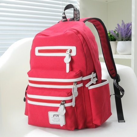 Watermelon Red Canvas with White Leather Trim Girls School Backpack Contracted Color Blocking Sewing Pattern Quilted Travel Bag