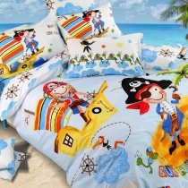 Light Blue Yellow and Orange Pirate Story Marine Life Island Print Unique 100% Cotton Damask Kids Twin, Full, Queen Size Bedding Sets